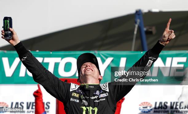 Riley Herbst, driver of the Monster Energy Ford, celebrates in victory lane after winning the NASCAR Xfinity Series Alsco Uniforms 302 at Las Vegas...