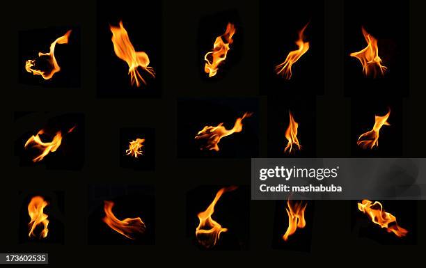 a bunch of icons of fire on a black background - flame stockfoto's en -beelden