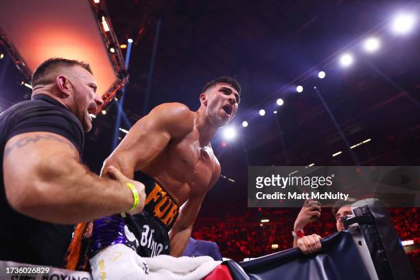 Tommy Fury celebrates victory after the Misfits Cruiserweight fight between KSI and Tommy Fury at AO Arena on October 14, 2023 in Manchester, England.