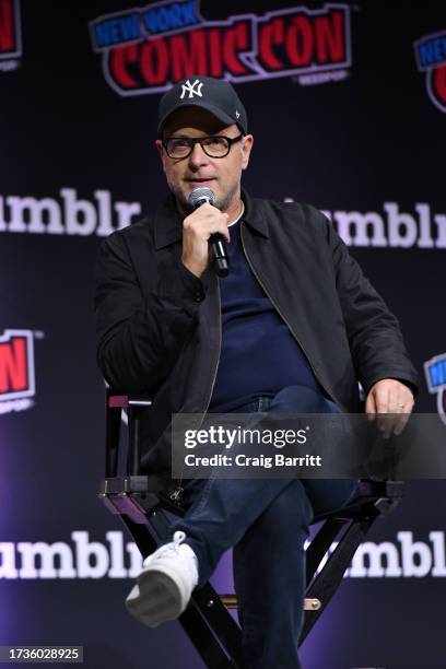 Matthew Vaughn speaks onstage at MATTHEW VAUGHN: From KICKASS to KINGSMAN to ARGYLLE during New York Comic Con 2023 - Day 3 at Javits Center on...