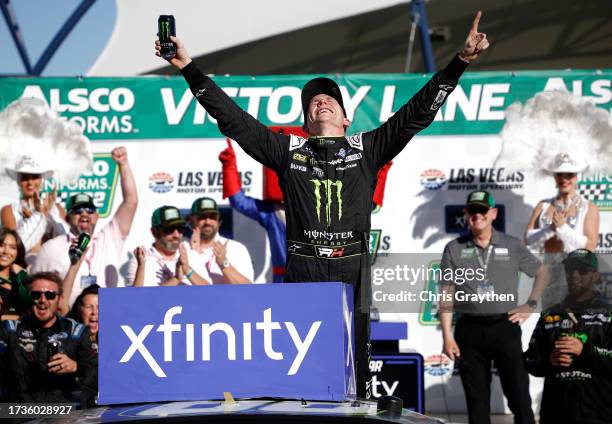 Riley Herbst, driver of the Monster Energy Ford, celebrates in victory lane after winning the NASCAR Xfinity Series Alsco Uniforms 302 at Las Vegas...