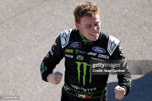 Riley Herbst, driver of the Monster Energy Ford, celebrates after winning the NASCAR Xfinity Series Alsco Uniforms 302 at Las Vegas Motor Speedway on...