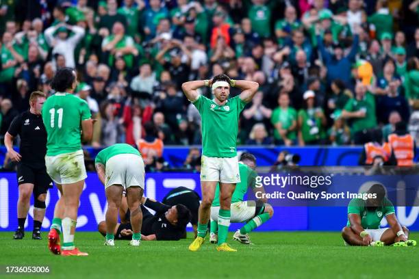 Hugo Keenan of Ireland looks dejected at full-time following the Rugby World Cup France 2023 Quarter Final match between Ireland and New Zealand at...