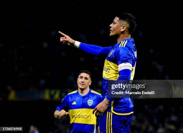 Marcos Rojo of Boca Juniors celebrates after scoring the team's first goal during a match between Boca Juniors and Union as part of Group B of Copa...