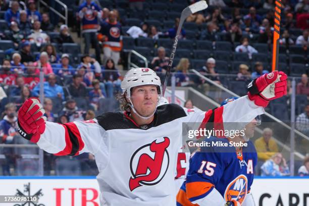 Tyler Toffoli of the New Jersey Devils celebrates after scoring a goal against the New York Islanders during the second period at UBS Arena on...