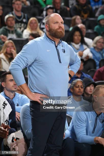 Head Coach Taylor Jenkins of the Memphis Grizzlies looks on during the preseason game on October 20, 2023 at the Fiserv Forum Center in Milwaukee,...