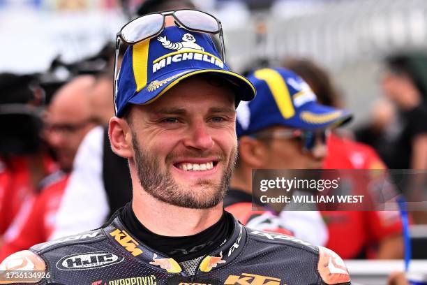 Red Bull KTM Factory Racing's South African rider Brad Binder celebrates after the qualifying session of the MotoGP Australian Grand Prix at Phillip...