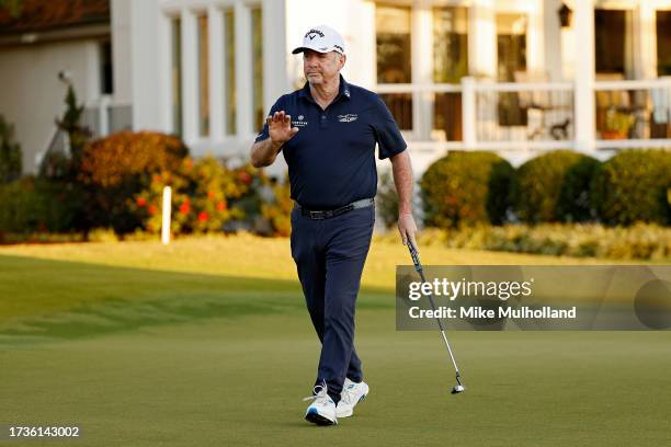 Rod Pampling of Australia reacts to a putt on the first hole during the second round of the SAS Championship at Prestonwood Country Club on October...