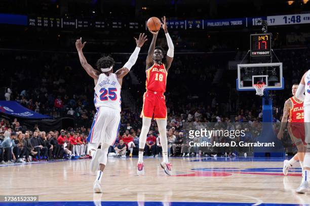 Mouhamed Gueye of the Atlanta Hawks shoots the ball during the game against the Philadelphia 76ers on October 20, 2023 at the Wells Fargo Center in...