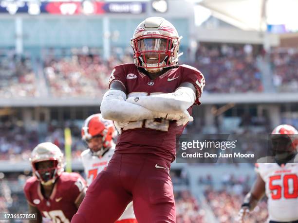 Defensive Back Shyheim Brown of the Florida State Seminoles celebrates and pose after making a tackle during the game against the Syracuse Orange at...
