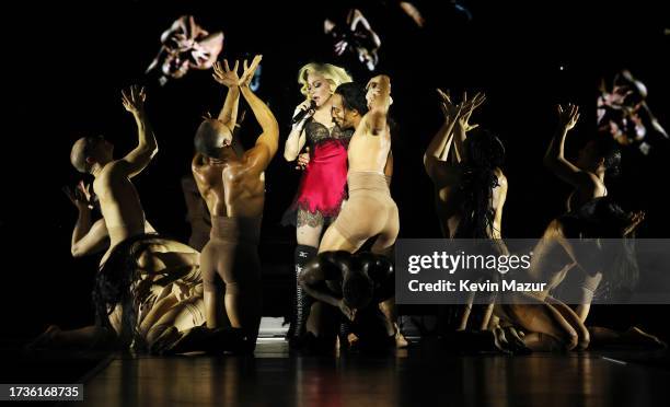 Madonna performs during opening night of The Celebration Tour at The O2 Arena on October 14, 2023 in London, England.