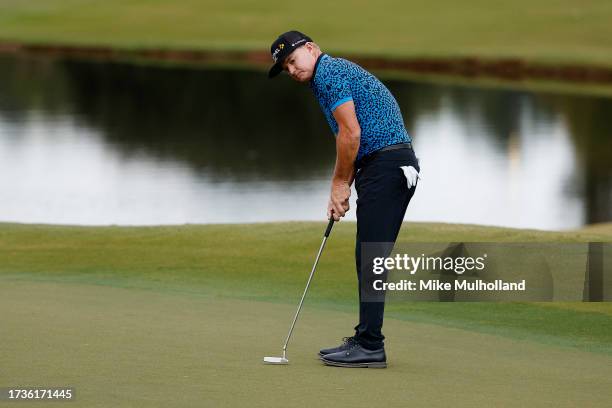 Brian Gay of the United States watches a putt on the first hole during the second round of the SAS Championship at Prestonwood Country Club on...