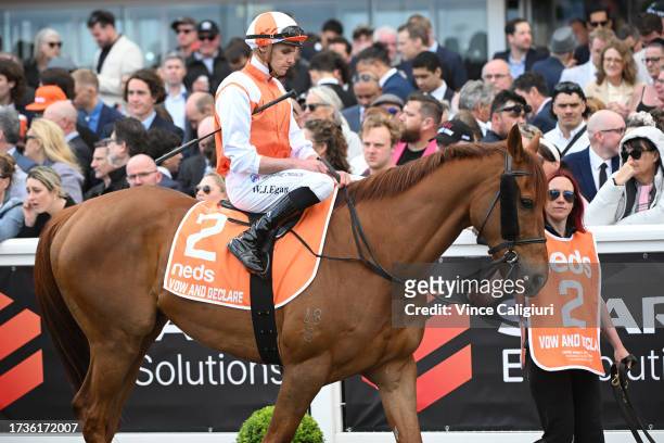 Billy Egan riding Vow and Declare before Race 7, the Neds Might And Power, during Melbourne Racing at Caulfield Racecourse on October 14, 2023 in...