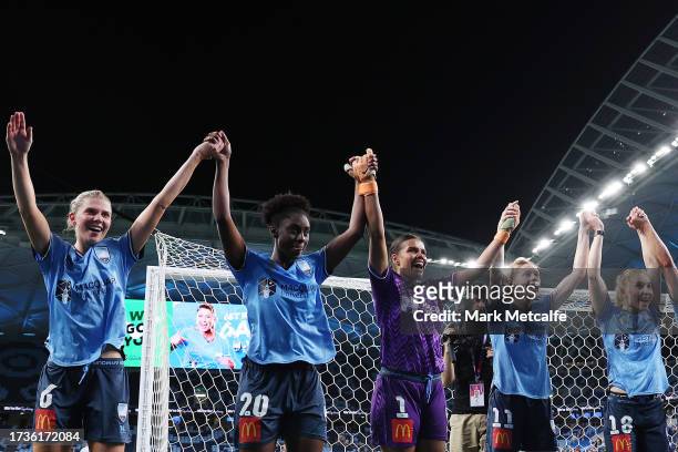 Sydney FC celebrate victory during the round one A-League Women match between Sydney FC and Western Sydney Wanderers at Allianz Stadium on October...