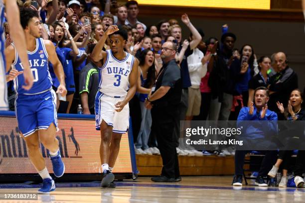 Jeremy Roach of the Duke Blue Devils reacts following a three-point basket in a scrimmage game during Countdown to Craziness at Cameron Indoor...