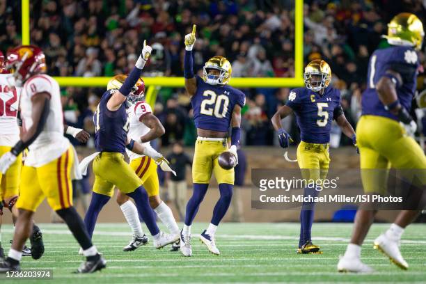 Benjamin Morrison of Notre Dame celebrates his interception against USC before a game between University of Southern California and University of...