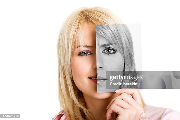 young women with photo of her other side - duality face stock pictures, royalty-free photos & images