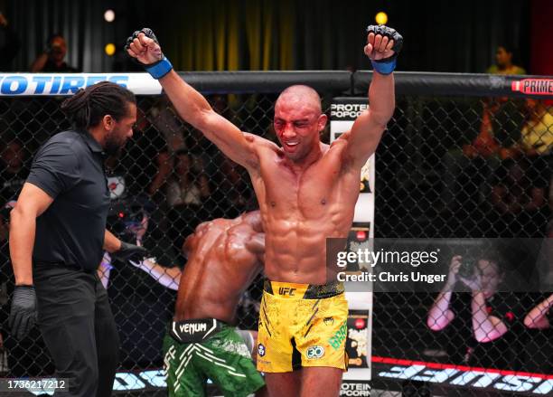 Edson Barboza of Brazil reacts after the conclusion of a featherweight fight against Sodiq Yusuff of Nigeria during the UFC Fight Night event at UFC...