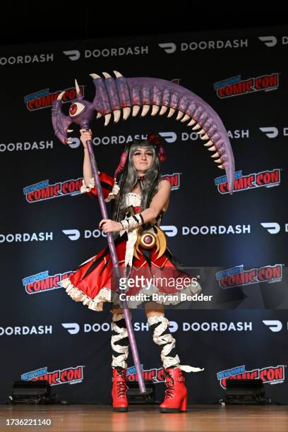 Cosplayer dressed as Ranko Kanzaki form 'Granblue Fantasy' poses during Cosplay Central Crown Championship Qualifier at New York Comic Con 2023 - Day...