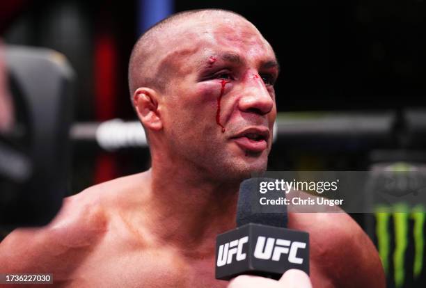 Edson Barboza of Brazil celebrates after his victory against Sodiq Yusuff of Nigeria in a featherweight fight during the UFC Fight Night event at UFC...