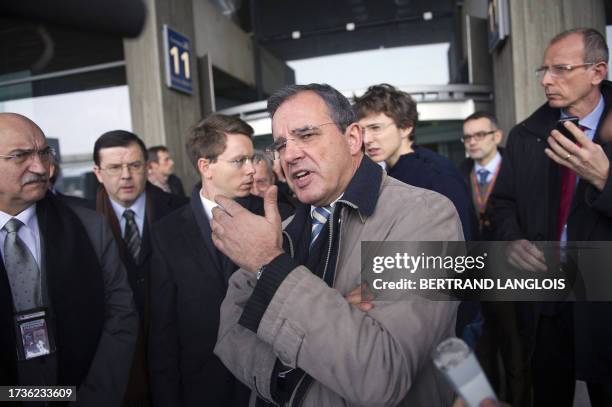 French Transports secretary of state Thierry Mariani visits with Patrick Espagnol , Roissy subprefect, and Air France-KLM chief executive...