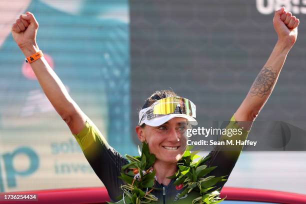 Laura Philipp of Germany celebrates after finishing third during the VinFast IRONMAN World Championship on October 14, 2023 in Kailua Kona, Hawaii.