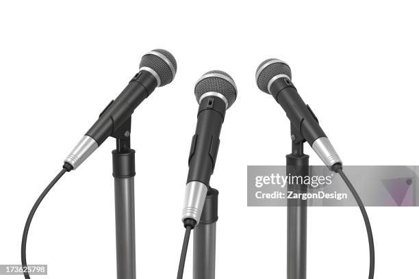 three microphones back view - microphone white background stockfoto's en -beelden