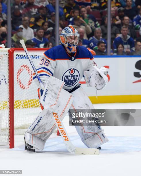 Jack Campbell of the Edmonton Oilers in net during the first period of their NHL game against the Vancouver Canucks at Rogers Arena on October 11,...