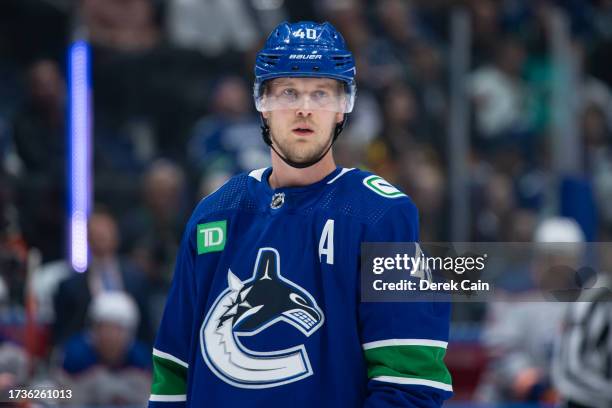 Elias Pettersson of the Vancouver Canucks waits for a face-off during the first period of their NHL game against the Edmonton Oilers at Rogers Arena...