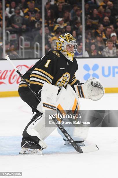 Jeremy Swayman of the Boston Bruins in the net against the Nashville Predators on October 14, 2023 at the TD Garden in Boston, Massachusetts.