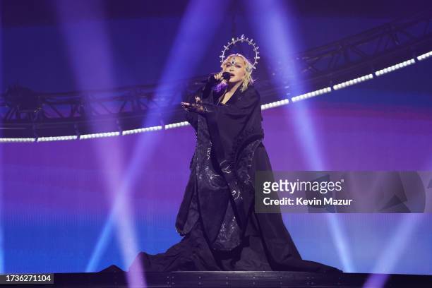 Madonna performs during opening night of The Celebration Tour at The O2 Arena on October 14, 2023 in London, England.