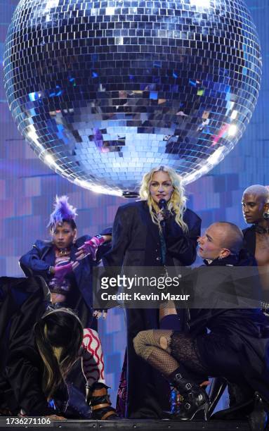 Madonna performs during opening night of The Celebration Tour at The O2 Arena on October 14, 2023 in London, England.