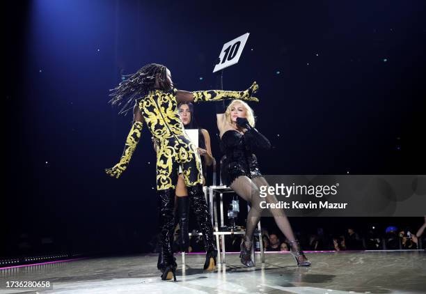 Estere, Lourdes Leon and Madonna perform during opening night of The Celebration Tour at The O2 Arena on October 14, 2023 in London, England.