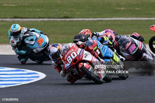 Gaviota GASGAS Aspar's Colombian rider David Alonso leads the pack during the Moto3 class second qualifying session of the MotoGP Australian Grand...
