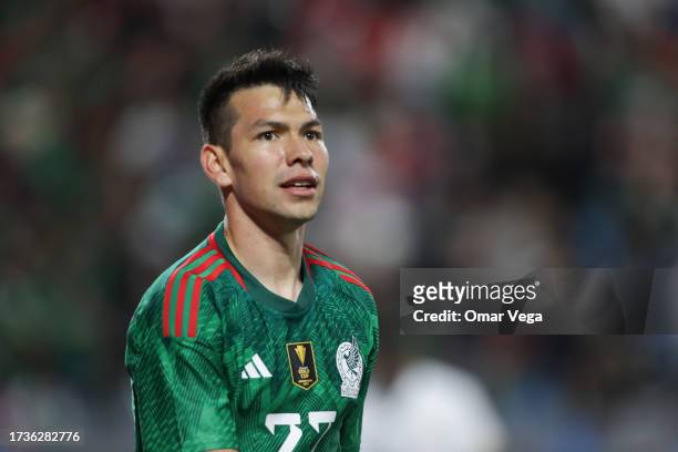 Hirving Lozano of Mexico looks on after scoring his team's first goal during the friendly match against Ghana at Bank of America Stadium on October...