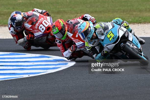 Leopard Racing's Spanish rider Jaume Masia leads the pack during the Moto3 class second qualifying session of the MotoGP Australian Grand Prix at...