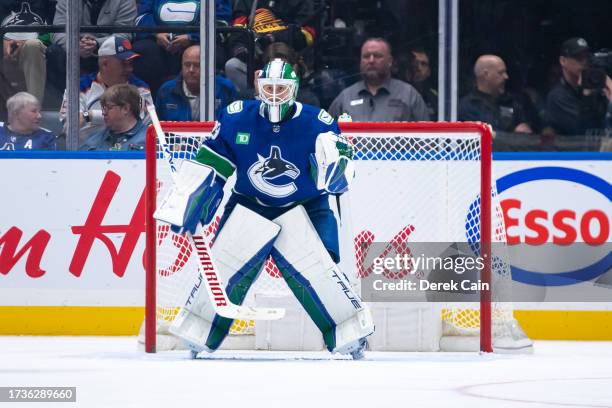 Casey DeSmith of the Vancouver Canucks in net during the third period of their NHL game against the Edmonton Oilers at Rogers Arena on October 11,...