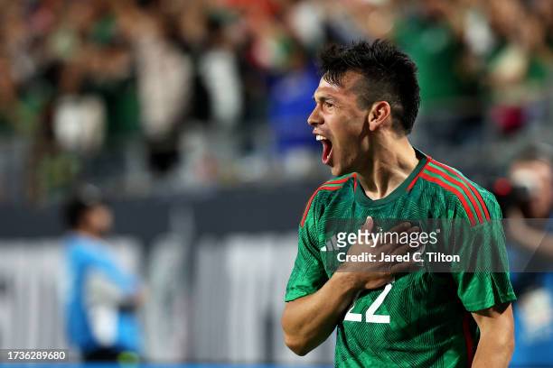 Hirving Lozano of México reacts after scoring a goal during the second half of their match against Ghana at Bank of America Stadium on October 14,...