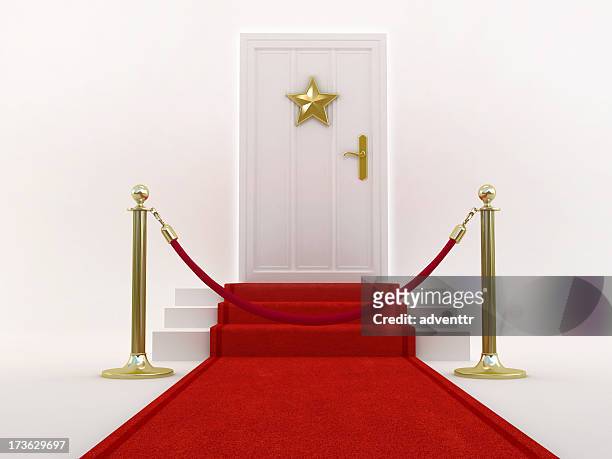 red carpet leading to the door with star shape - hollywood movie stock pictures, royalty-free photos & images
