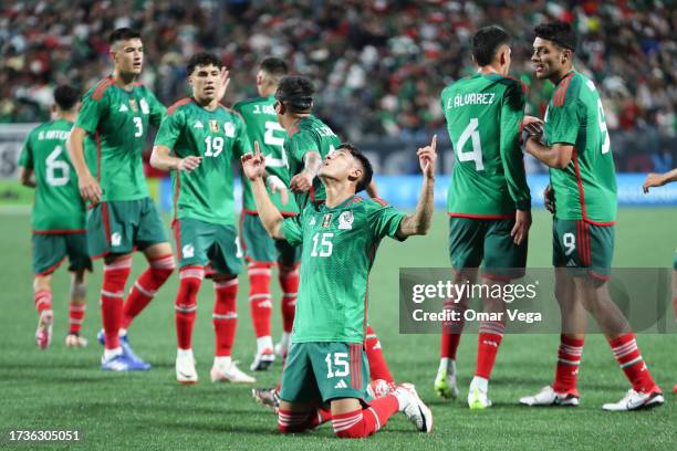 Uriel Antuna of Mexico celebrates with his teammates after scoring the second goal of his team during the friendly match between Ghana and Mexico at...