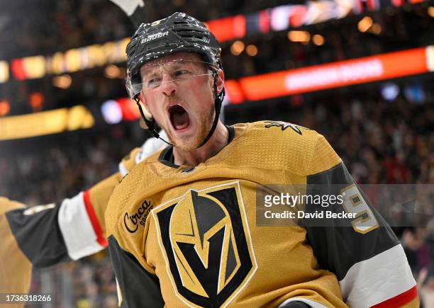 Jack Eichel of the Vegas Golden Knights celebrates after a goal during the first period against the Anaheim Ducks at T-Mobile Arena on October 14,...