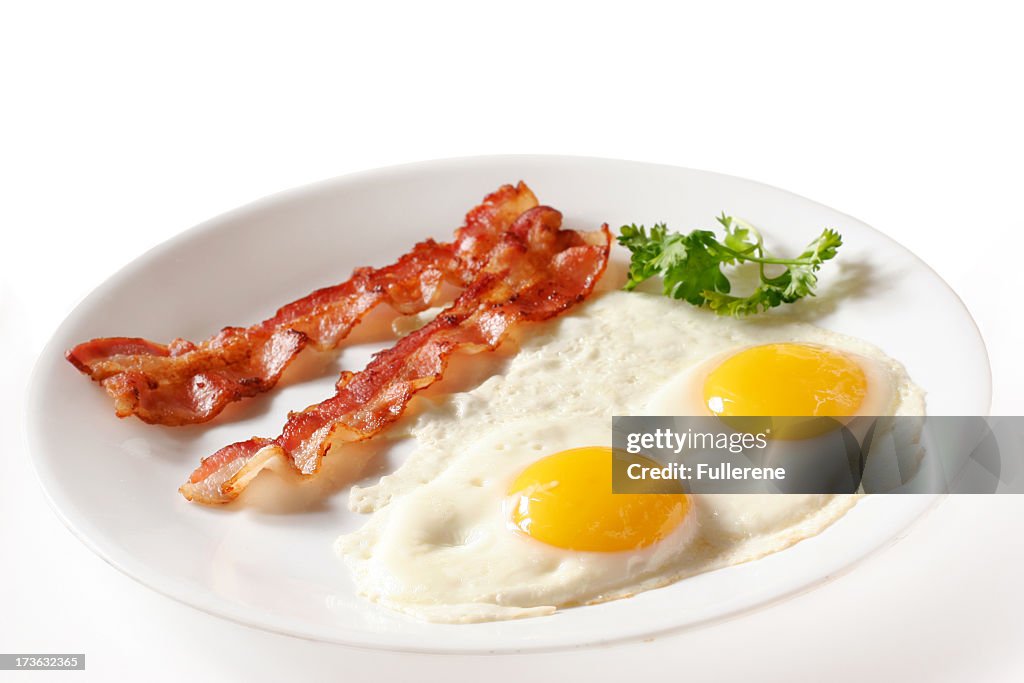 Two eggs over easy with bacon on white plate