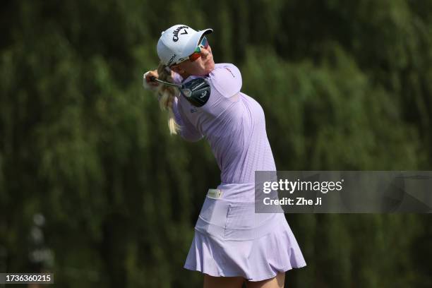 Madelene Sagstrom of Sweden hits a tee shot on the fourth hole during the final round of the Buick LPGA Shanghai at Shanghai Qizhong Garden Golf Club...