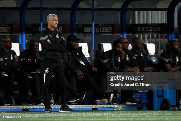 Head coach Chris Hughton of Ghana stands and looks on during the second half of their match against México at Bank of America Stadium on October 14,...