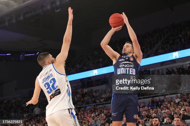 Chris Goulding of United shoots during the round three NBL match between Melbourne United and Brisbane Bullets at John Cain Arena, on October 15 in...