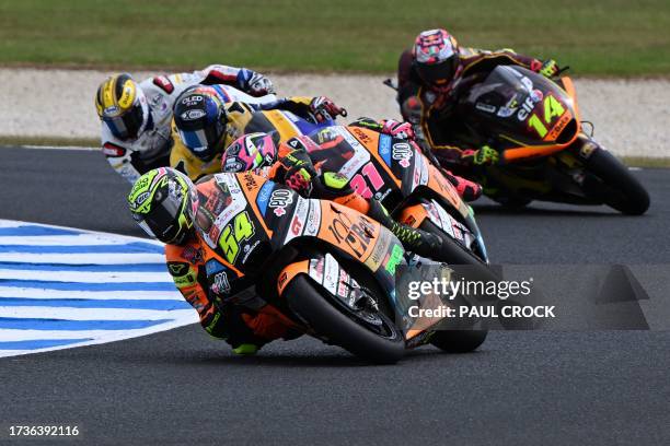 Speed Up's Spanish rider Fermin Aldeguer leads the pack during the Moto2 class qualifying session of the MotoGP Australian Grand Prix at Phillip...