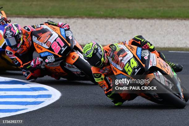 Speed Up's Spanish rider Fermin Aldeguer leads the pack during the Moto2 class qualifying session of the MotoGP Australian Grand Prix at Phillip...