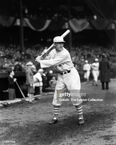 Aloysius H. Simmons of the Philadelphia Athletics swinging a bat in 1930.