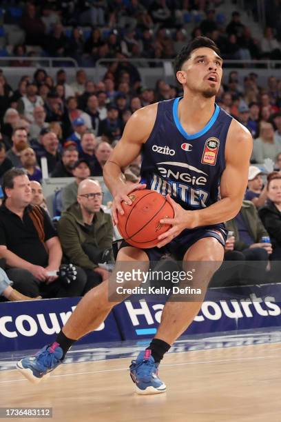 Shea Ili of United handles the ball during the round three NBL match between Melbourne United and Brisbane Bullets at John Cain Arena, on October 15...