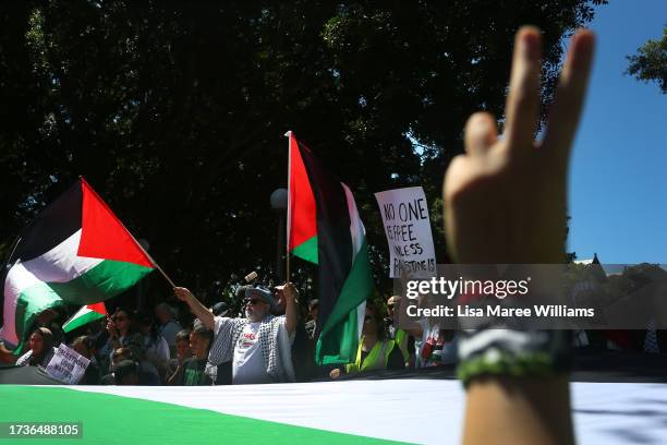 Palestine supporters gather during a protest at Hyde Park on October 15, 2023 in Sydney, Australia. The Palestinian militant group Hamas launched a...